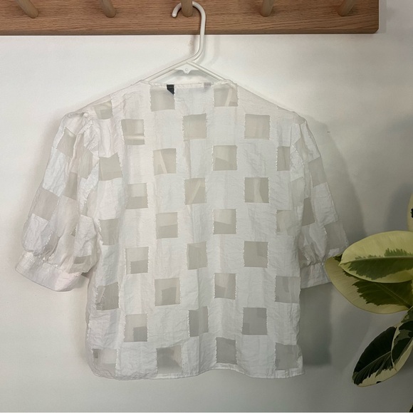 Zara sheer white checkered blouse puff short sleeves button Korean bojagi s - Picture 5 of 8